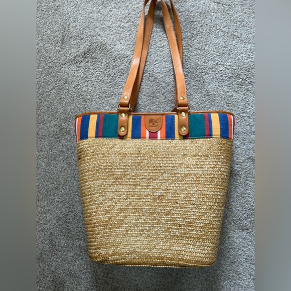 Il Bisonte Natural Straw Basket / Tote with Multicolor Trim and leather straps. - Picture 2 of 9